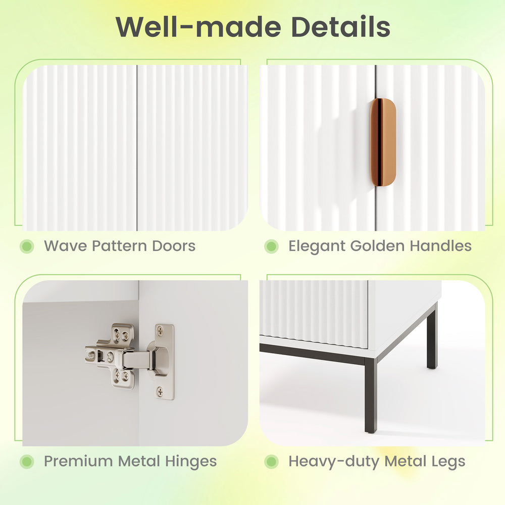 Close-up of premium metal hinges and heavy-duty metal legs on a 24-inch white bathroom vanity with sink combo.
