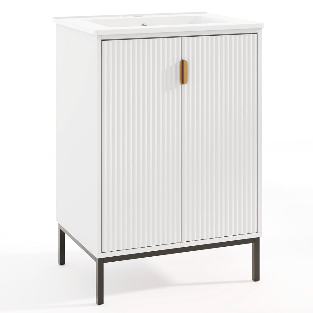 White 24-inch bathroom vanity with sink combo, double door cabinet, adjustable shelf, and sturdy metal legs for.