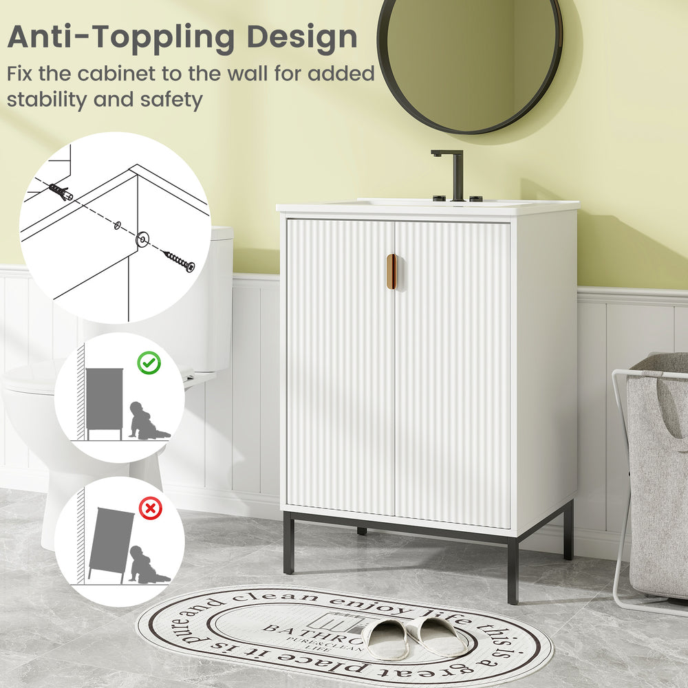 24-inch bathroom vanity with sink combo, featuring double doors, adjustable shelf, and sturdy metal legs for stability.