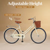 24-inch beige beach cruiser bike for women with woven basket, adjustable seat height, and rear rack for storage.