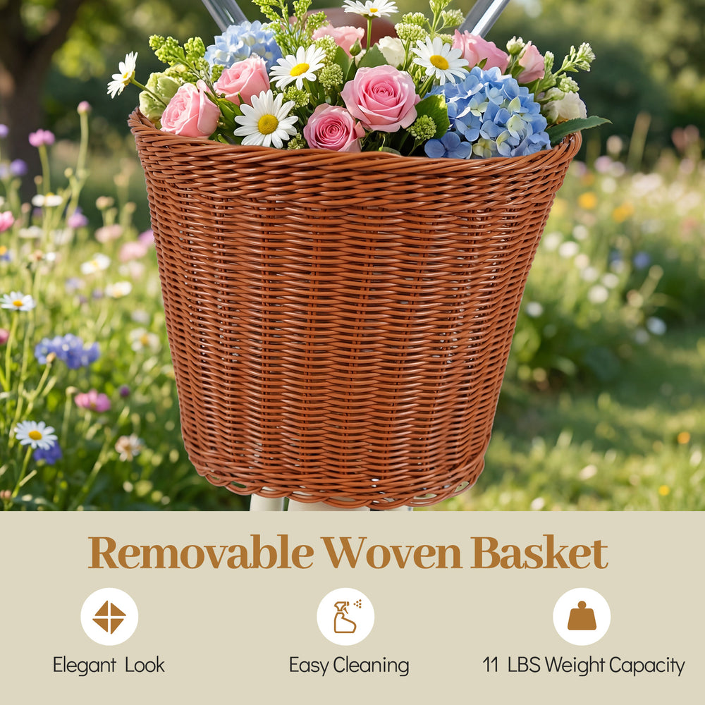 Removable woven basket in elegant design for 24-inch beach cruiser bike, 11 lbs capacity for storage and decoration.