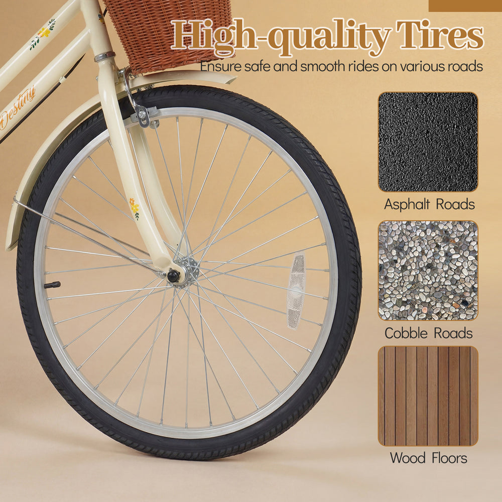 Close-up of the 24-inch beach cruiser bike tire, showcasing premium rubber for steady riding on various surfaces.
