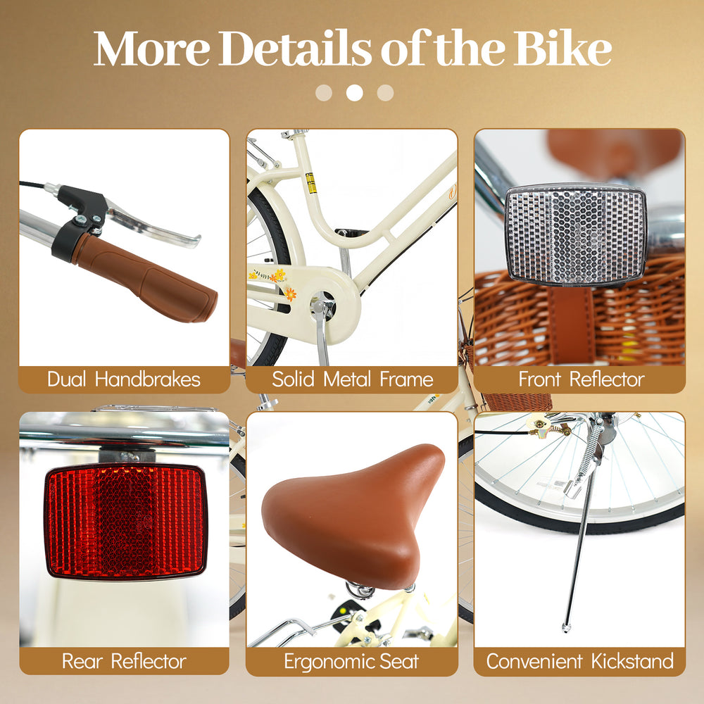 Close-up of the ergonomic seat and dual handbrakes on the 24-inch beach cruiser bike for women in beige.