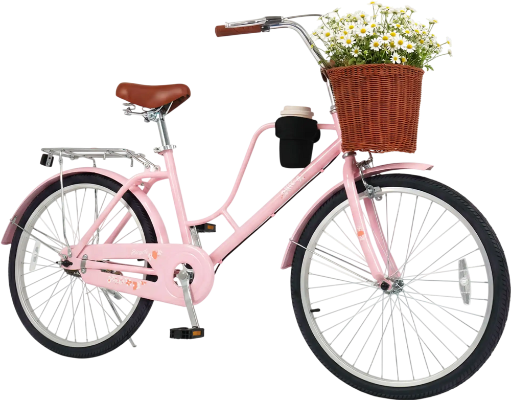 24-inch pink beach cruiser bike featuring a woven basket, cup holder, and adjustable seat for comfortable riding.