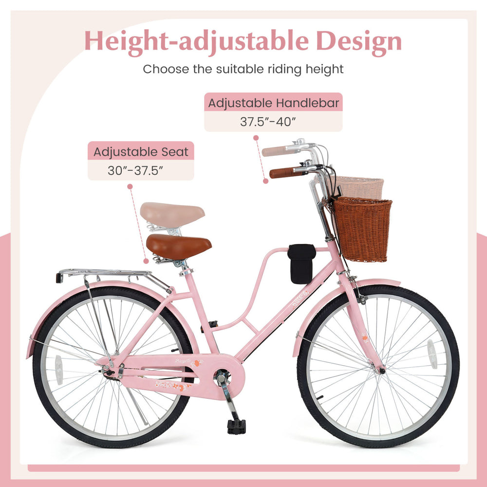 24-inch pink beach cruiser bike featuring adjustable seat and handlebar, woven basket, and cup holder for convenience.