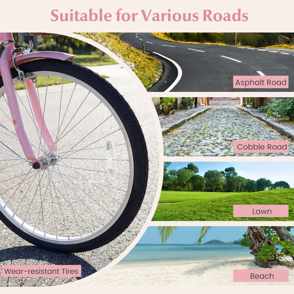 Close-up of the 24-inch pink beach cruiser bike tire, featuring wear-resistant tires suitable for various roads.