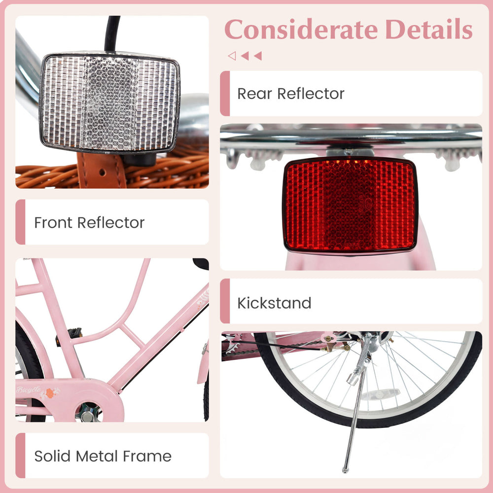 Front and rear reflectors on the 24-inch pink beach cruiser bike for enhanced safety and visibility while riding.