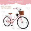 24-inch pink beach cruiser bike with adjustable seat, woven basket, and cup holder, ideal for comfortable rides.