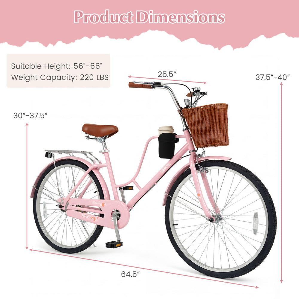 24-inch pink beach cruiser bike with adjustable seat, woven basket, and cup holder, ideal for comfortable rides.