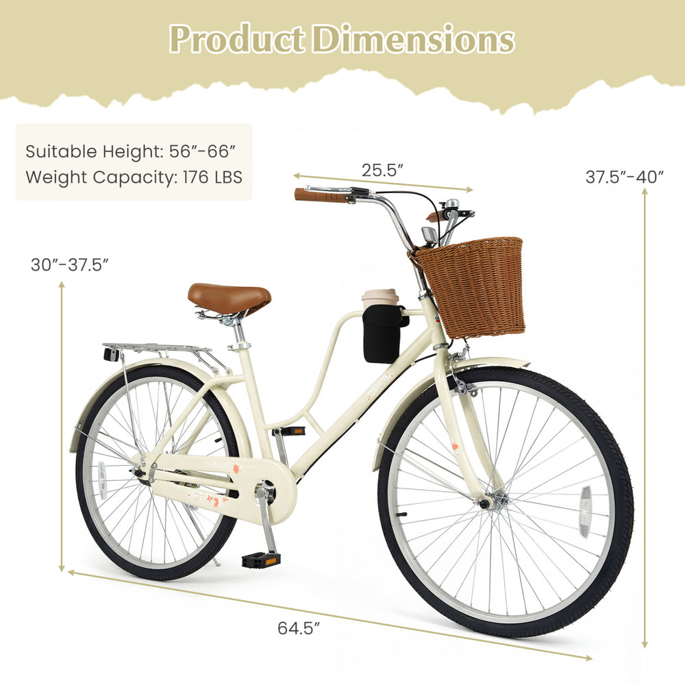 24-inch beige beach cruiser bike featuring a woven basket, adjustable seat, cup holder, and ergonomic design for comfort.