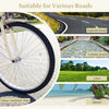 24-inch beige beach cruiser bike with wear-resistant tires, cup holder, and woven basket, ideal for various road types.