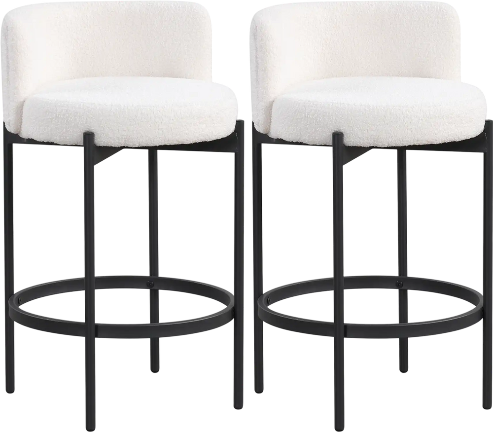 Set of 2 24-inch boucle counter stools with curved backrest, featuring sherpa fabric and sturdy metal frame for kitchen.