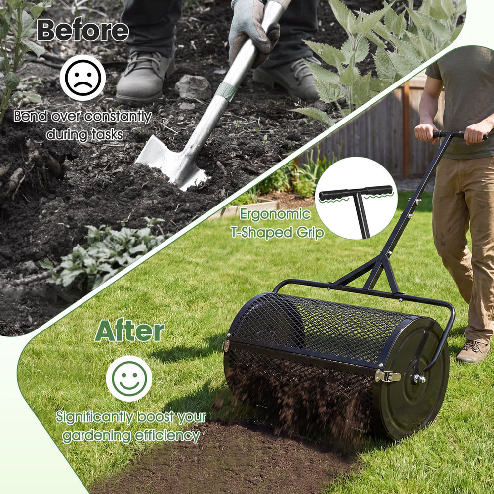 24-inch compost spreader with height-adjustable T-shaped handle for efficient lawn and garden topdressing.