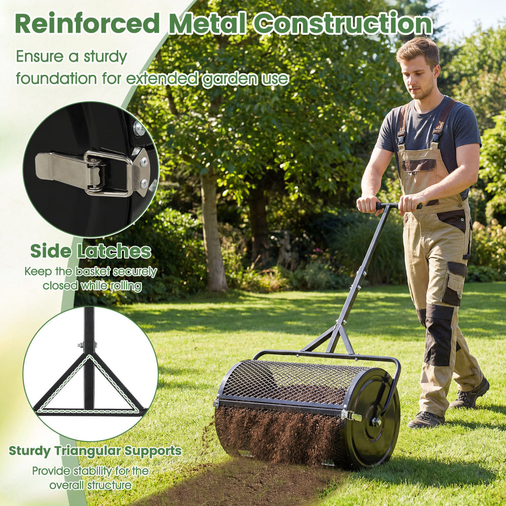24-inch compost spreader with reinforced metal construction and adjustable T-shaped handle for efficient lawn.