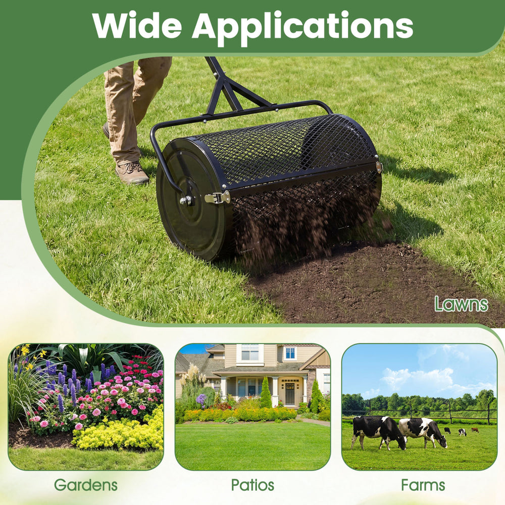 24-inch compost spreader roller with adjustable T-shaped handle, ideal for lawns, gardens, and patios.