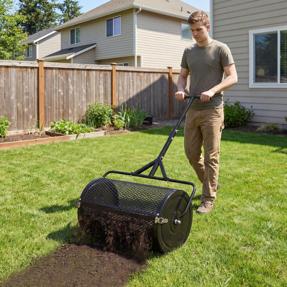 24 Inch Compost Spreader Peat Moss Spreader Roller with Height-Adjustable T-Shaped Handle-Black - Gallery View 1 of 10