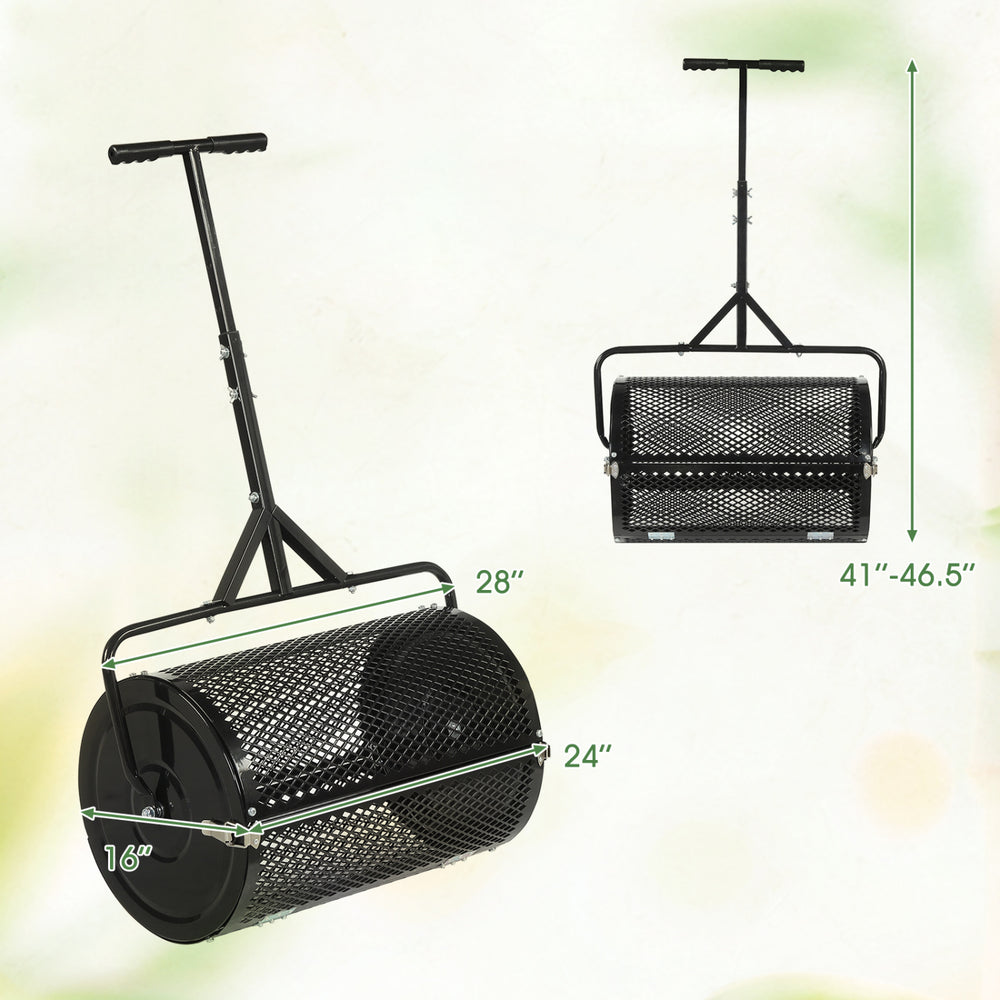 Height-adjustable 24-inch compost spreader with T-shaped handle, designed for efficient lawn and garden topdressing.