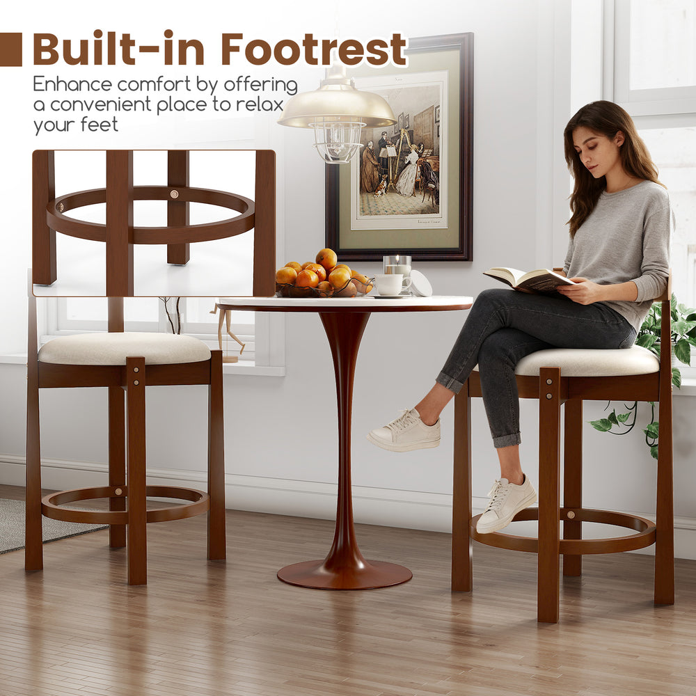 24-inch counter height bar stools set of 2 with beige linen fabric, backrests, and built-in footrests for kitchen.