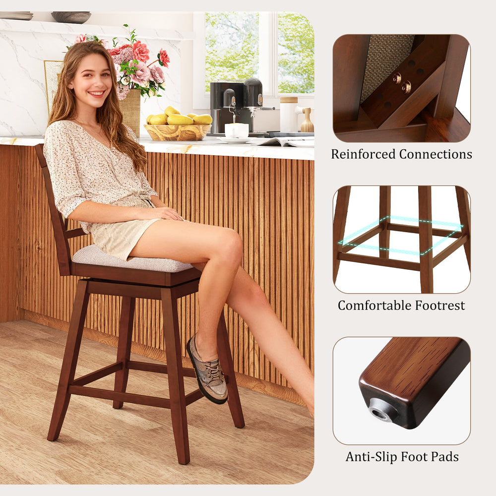 24-inch counter height barstool with backrest, upholstered seat cushion, and anti-slip foot pads for kitchen or dining.