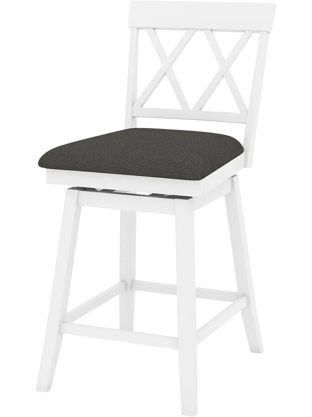 White 24-inch counter height barstool with a curved backrest and black upholstered seat cushion for kitchen or dining.