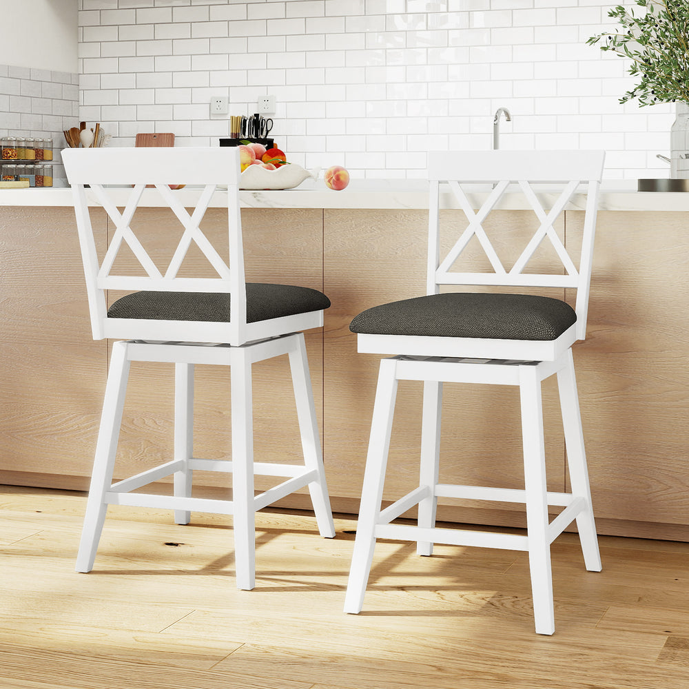Single 24-inch white counter height barstool featuring a curved backrest and black cushion, perfect for modern dining.