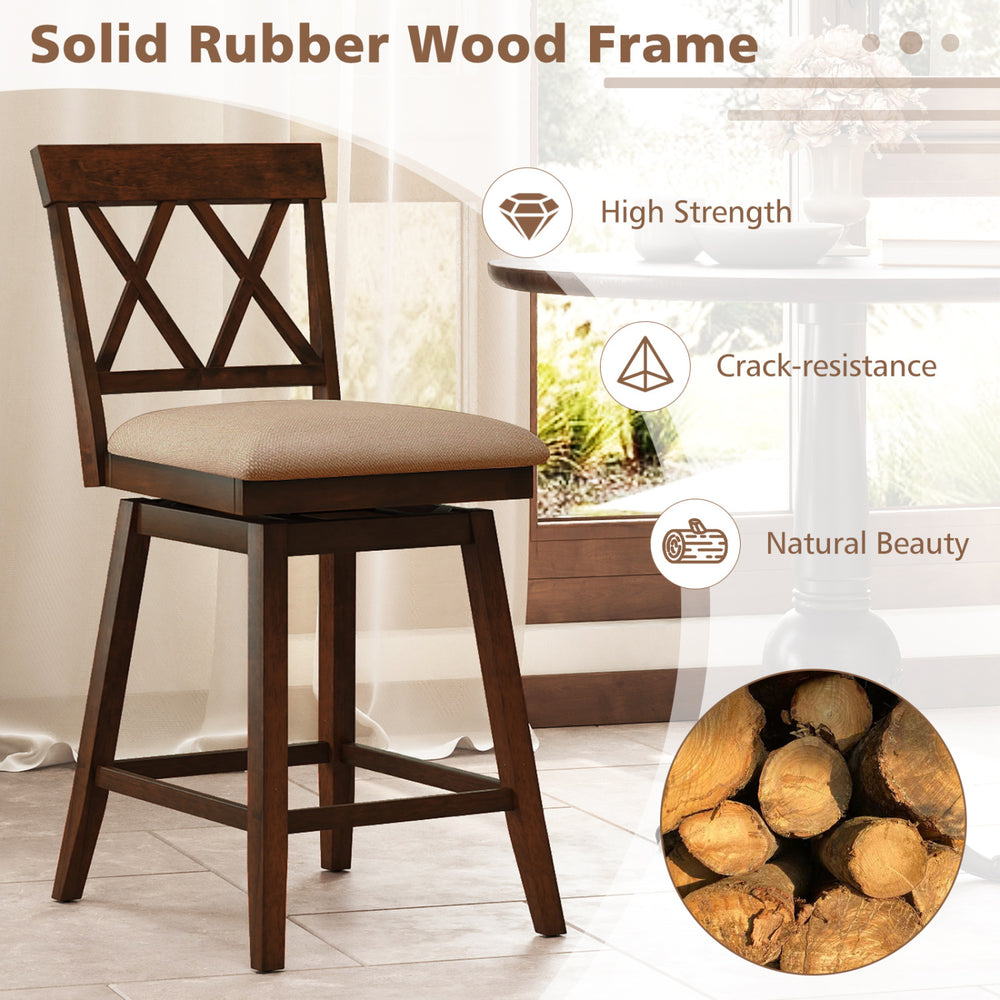 24-inch counter height barstool with solid rubber wood frame, cushioned seat, and ergonomic backrest for dining areas.