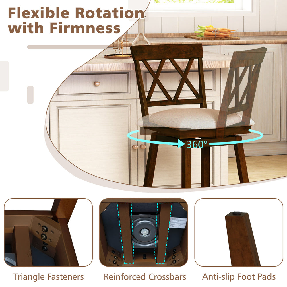24-inch counter height barstool with backrest, 360° swivel, rubber wood frame, and cushioned seat for dining areas.
