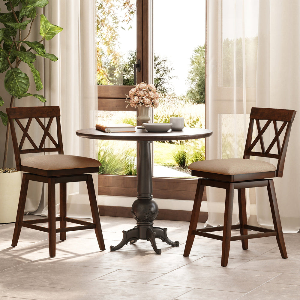 Counter height barstools set of 2 with backrest and seat cushion, featuring a rubber wood frame for dining areas.