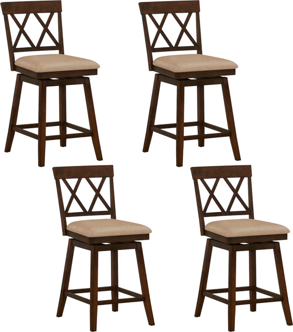 Set of 4 counter height barstools with backrest and upholstered seat cushions in rubber wood for dining or bar use.