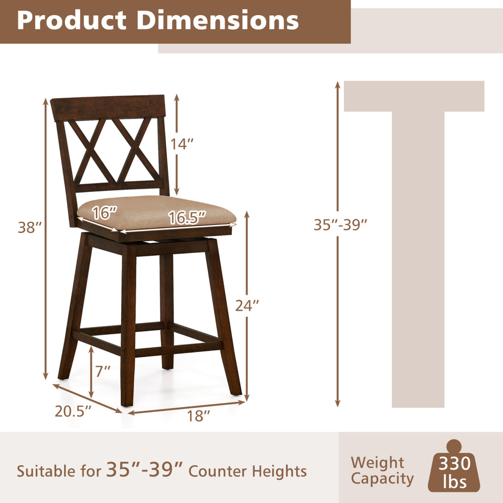 24-inch counter height barstool with backrest, upholstered seat cushion, and rubber wood frame for dining areas.