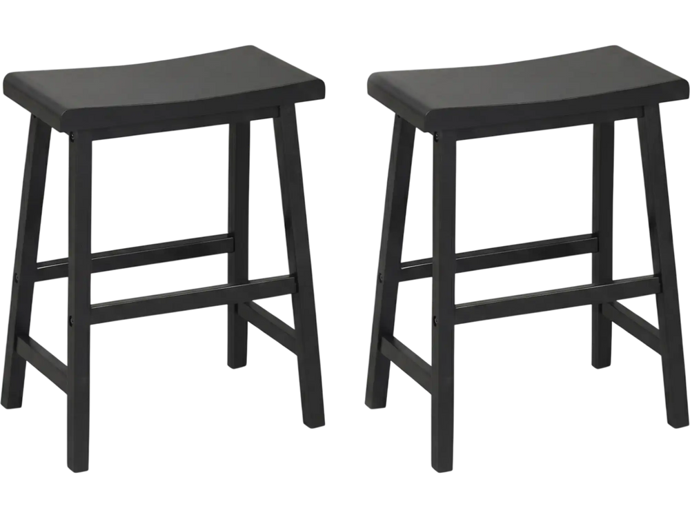 Set of 2 black 24-inch counter height stools with ergonomic saddle seats and solid rubber wood legs for kitchen islands.