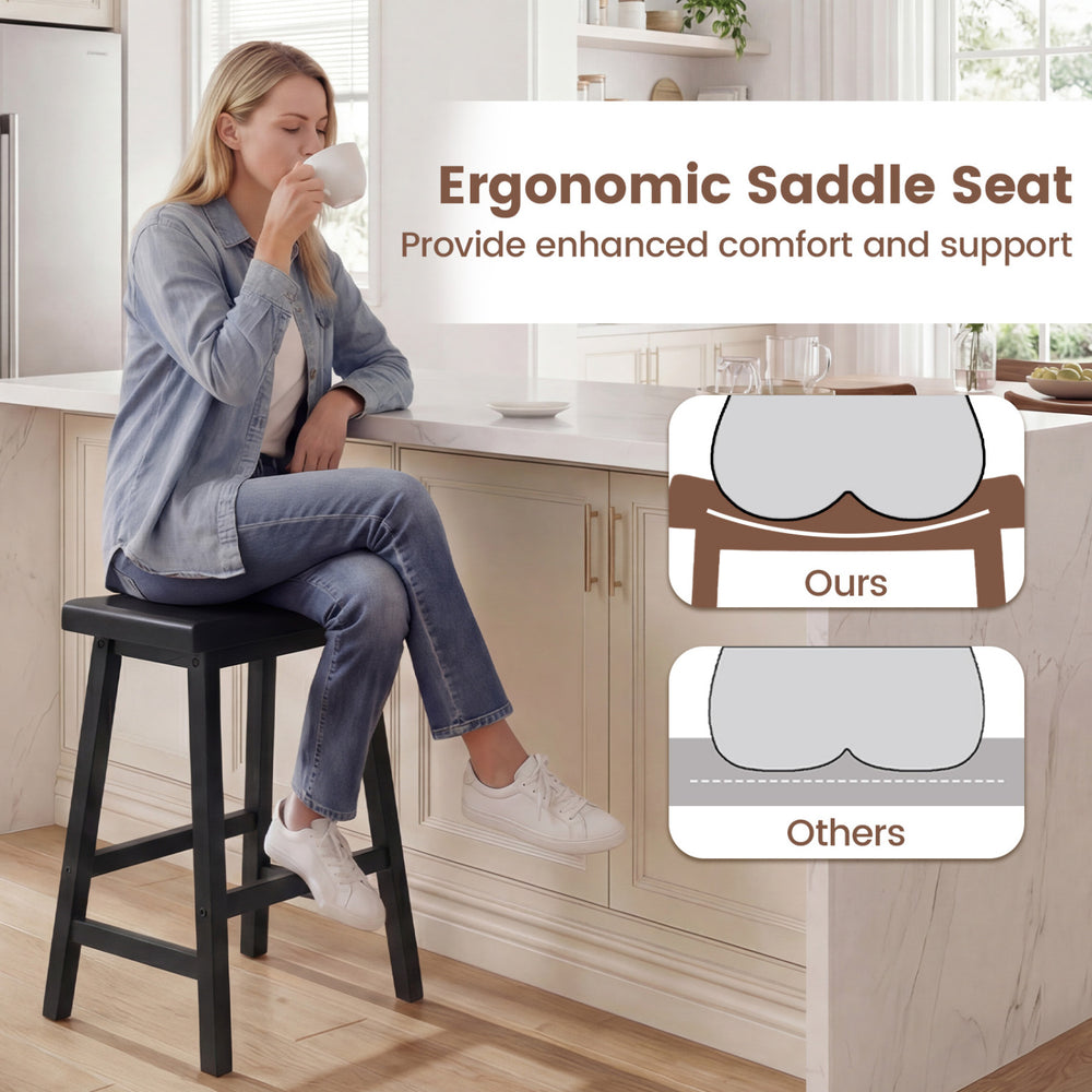 Black 24-inch counter height saddle bar stool with ergonomic seat, ideal for kitchen island seating and space-saving.