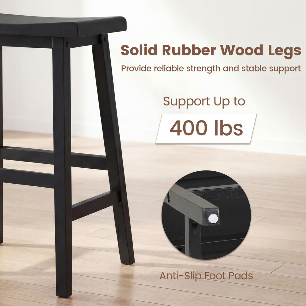 Black 24-inch counter height stool with solid rubber wood legs, supporting up to 400 lbs, ideal for kitchen islands.
