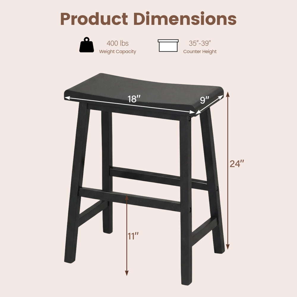 Dimensions of 24-inch black solid wood saddle bar stools, supporting up to 400 lbs, ideal for kitchen island seating.