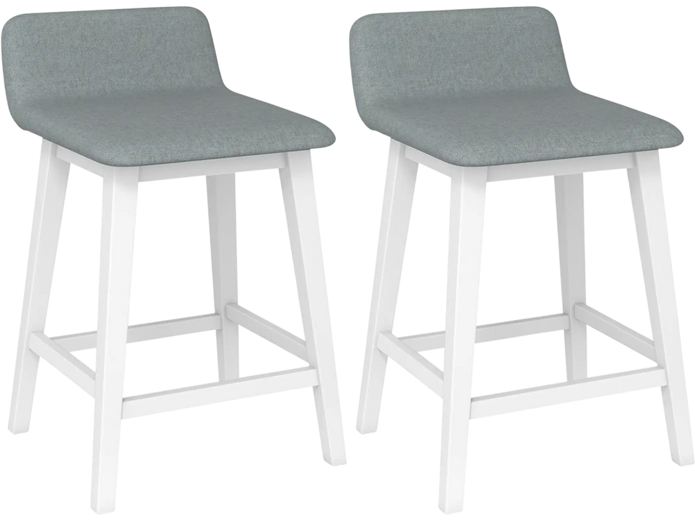 Set of 2 white 24-inch counter height bar stools with low back and faux linen fabric, perfect for kitchen islands.