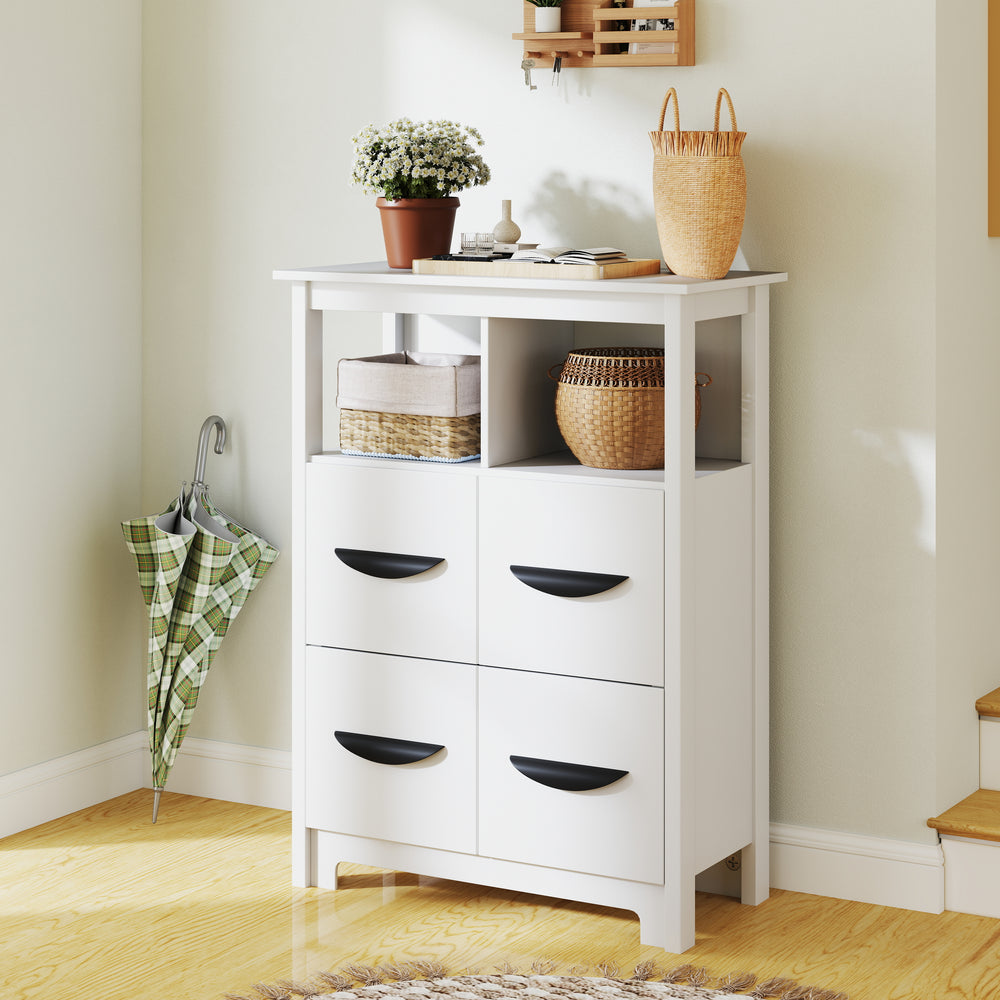24-inch white floor cabinet with 2 open compartments and 2 drawers, perfect for organizing living spaces and decor.
