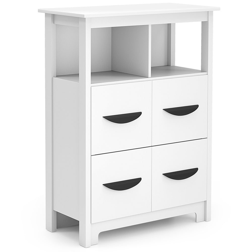 24-inch white floor cabinet with 2 open compartments and 2 drawers for organized storage in any living space.