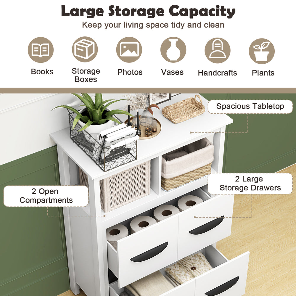 24-inch white floor cabinet featuring 2 open compartments and 2 large drawers for organized storage in any living space.