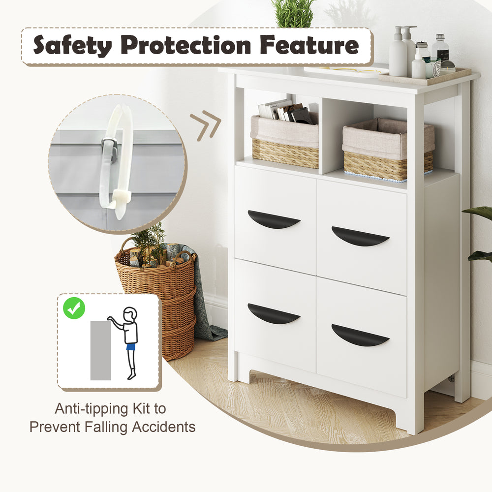 24-inch white floor cabinet with 2 open compartments and 2 drawers, featuring an anti-tipping kit for safety.