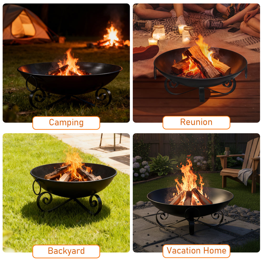 24-inch heavy-duty metal fire pit bowl with handles, perfect for backyard gatherings and cozy campfires.