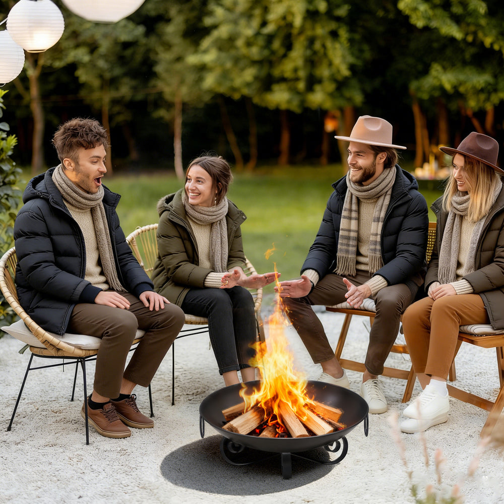 24-inch heavy-duty metal fire pit bowl with handles, ideal for cozy gatherings and outdoor relaxation.