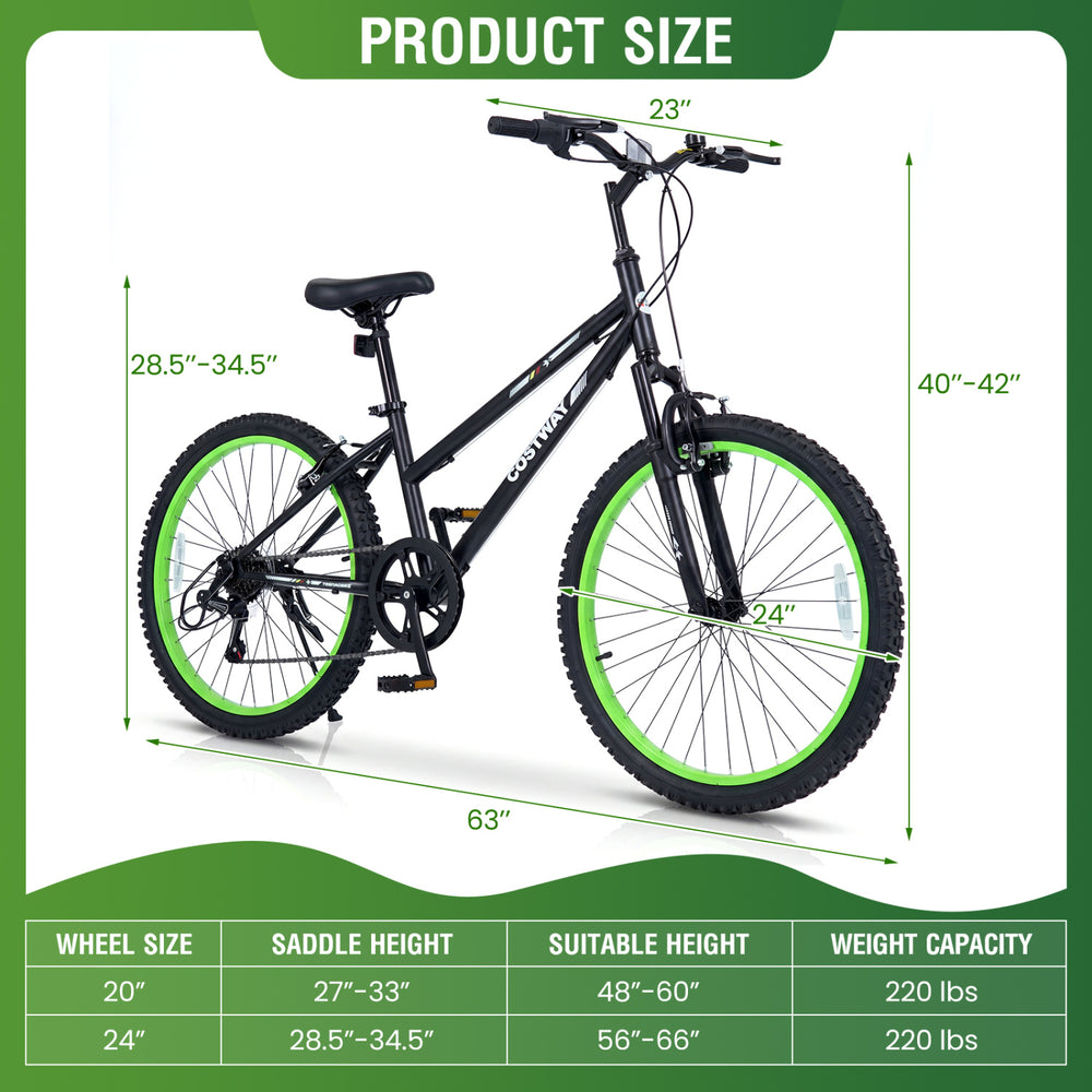24-inch kids mountain bike in black with a high carbon steel frame, adjustable handlebars, and non-slip pedals for safety.