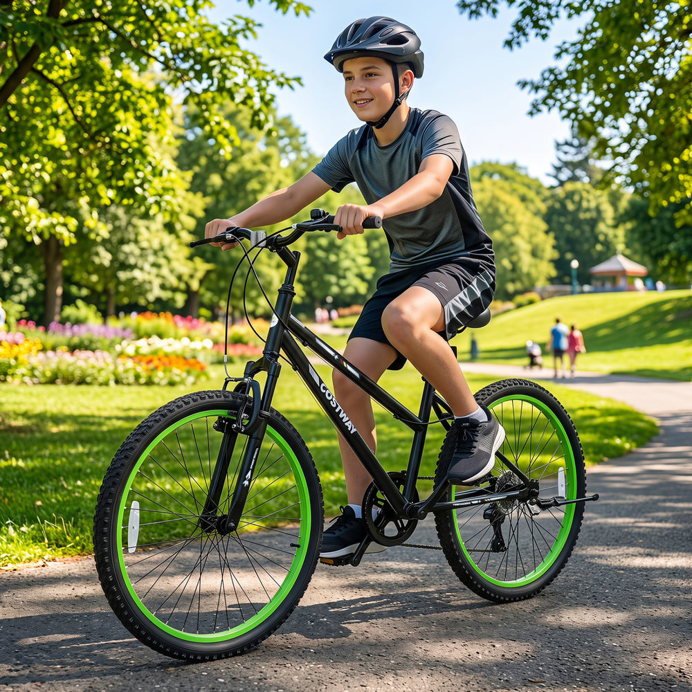 Kids mountain bike with adjustable seat, 7-speed derailleur, and suspension fork, perfect for outdoor adventures.