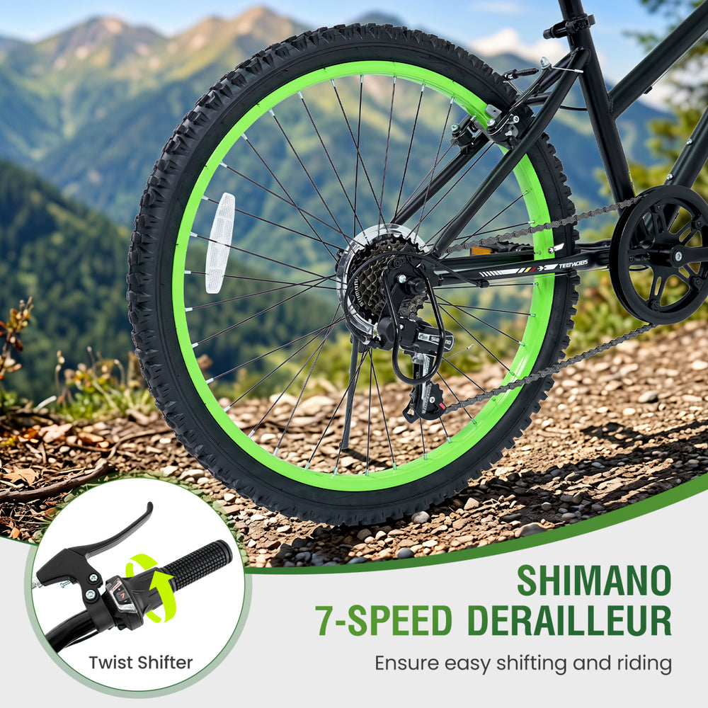 24-inch kids mountain bike featuring a Shimano 7-speed derailleur and adjustable suspension fork for smooth rides.
