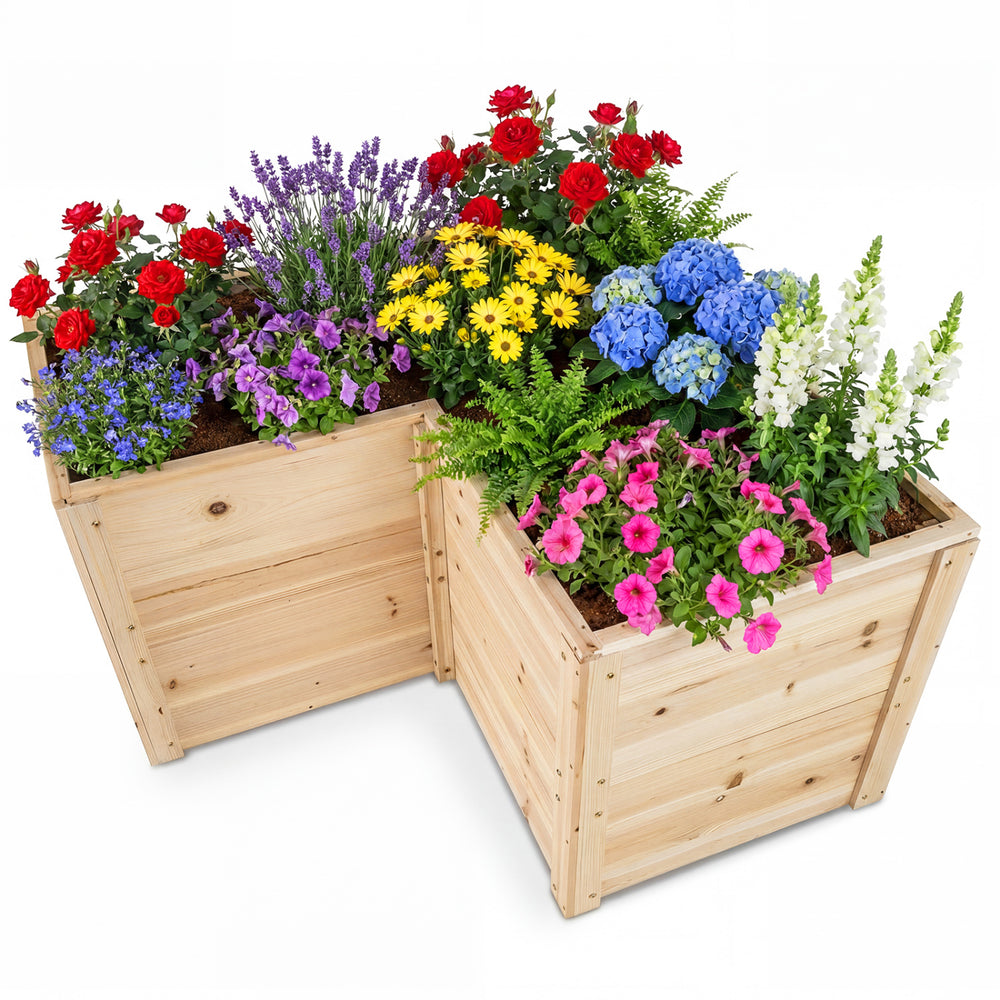 L-shaped wooden raised garden bed made of natural fir wood, featuring vibrant flowers for versatile planting options.