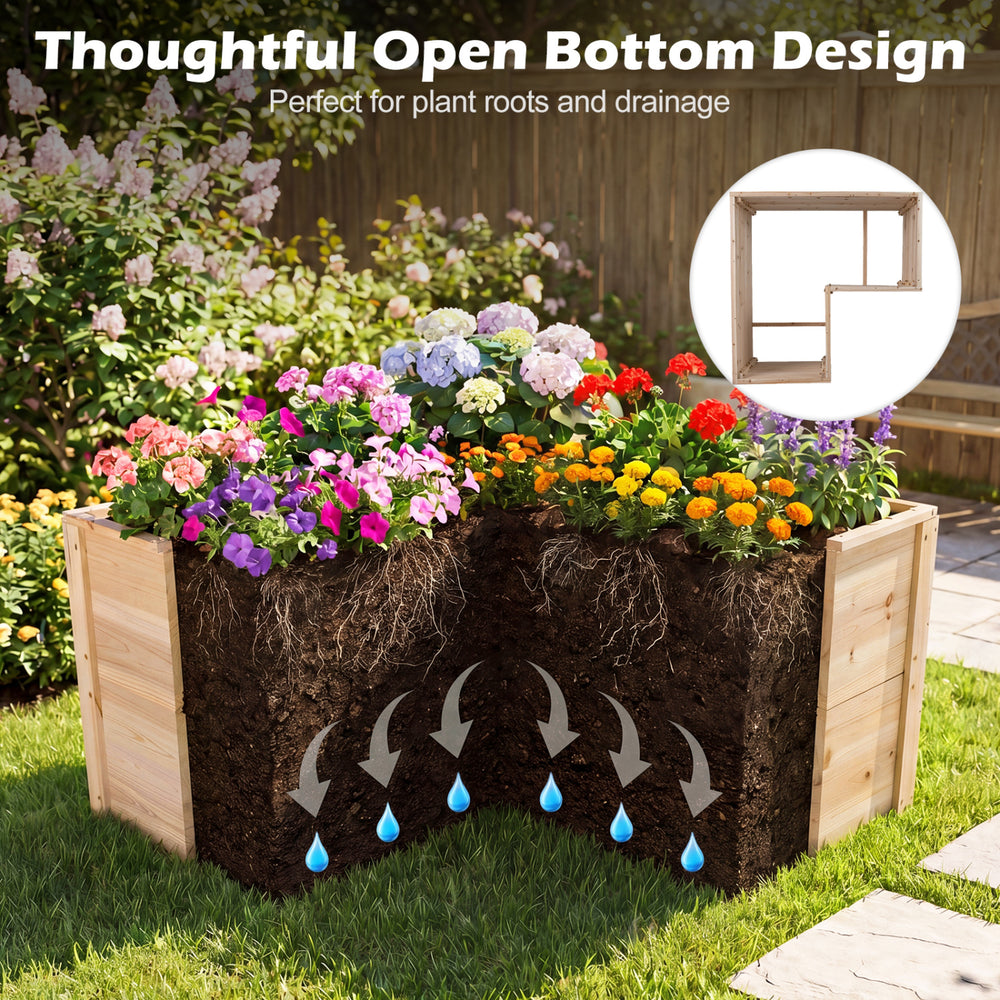 L-shaped wooden raised garden bed made of natural fir wood, featuring an open-ended base for optimal drainage and plant.
