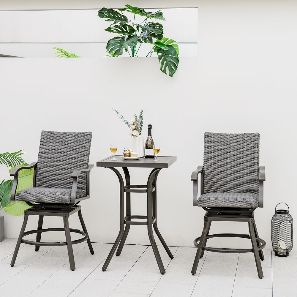 24-inch patio bar height table with aluminum tabletop and adjustable foot pads, perfect for backyard or poolside use.