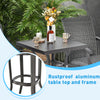 Rustproof aluminum patio bar height table with 24" top and adjustable foot pads, ideal for backyard or poolside use.