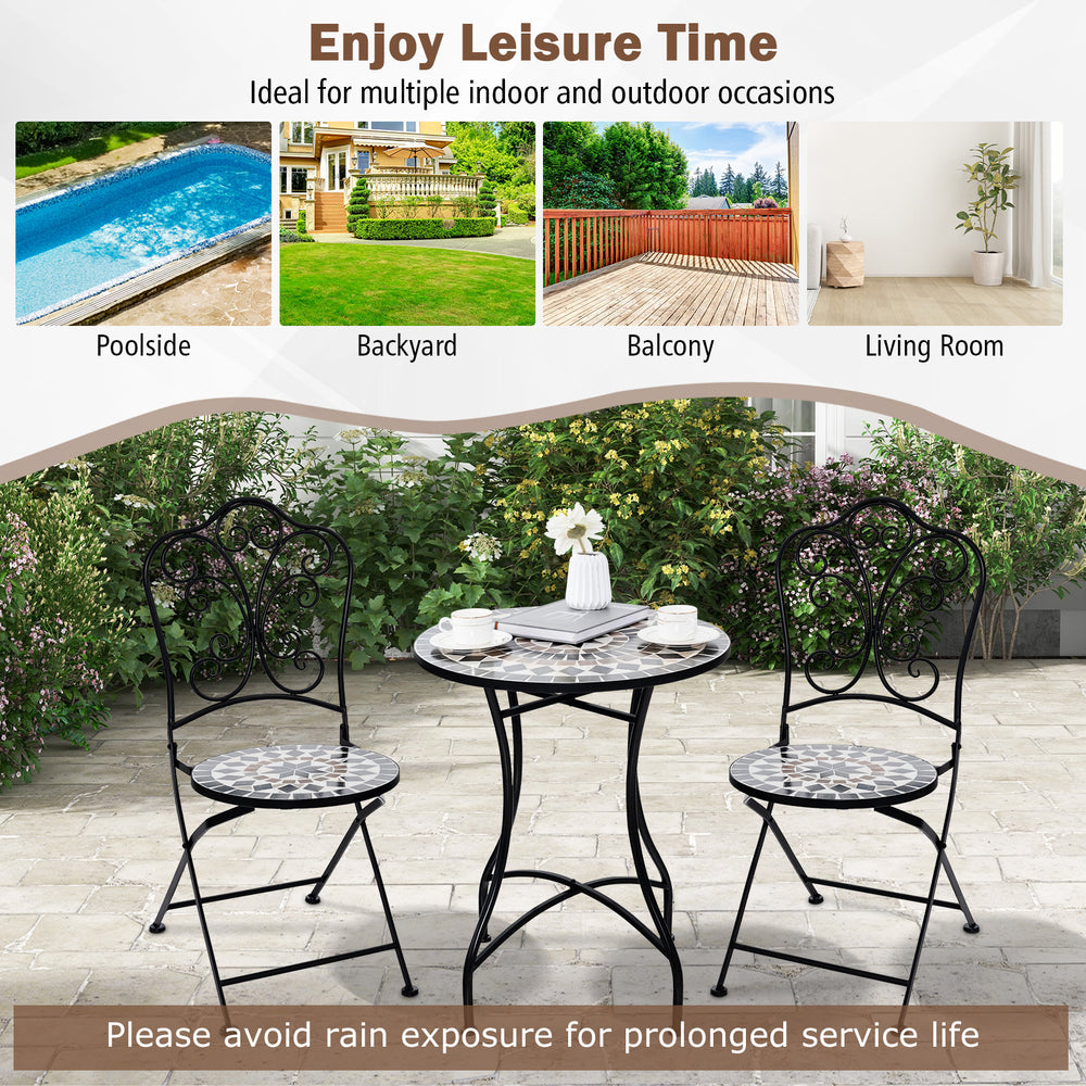 24-inch black patio bistro table with ceramic tile top, featuring a mosaic design, ideal for indoor and outdoor use.