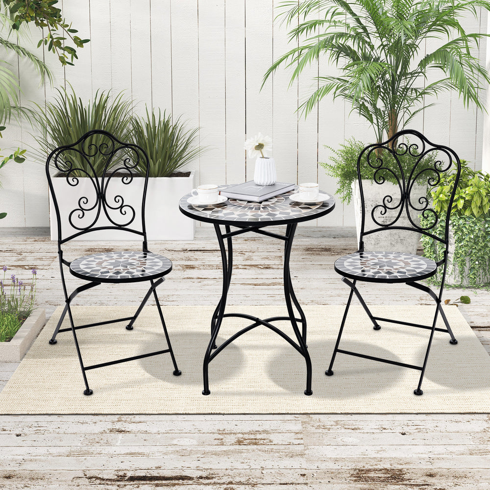 24-inch black patio bistro table with ceramic tile top and two chairs, perfect for indoor or outdoor relaxation.